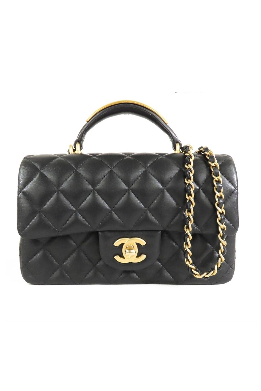 Chanel Top Handle Mini Flap Bag Black Gold Lambskin 2-Way Chain